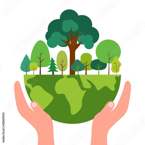 Hand holding earth planet with trees growing in flat design. Save the planet concept. Save our environment.