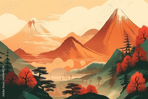 Abstract mountains and sun landscape illustration in Japanese vintage art style. Generative AI