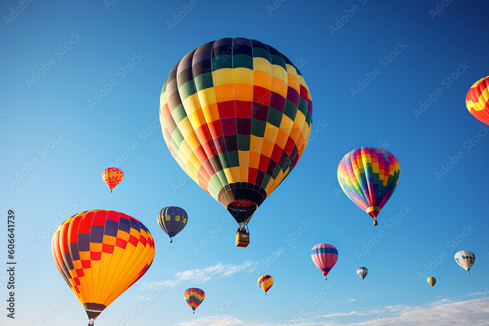 Fototapeta premium photo of colorful hot air balloons on blue sky 
