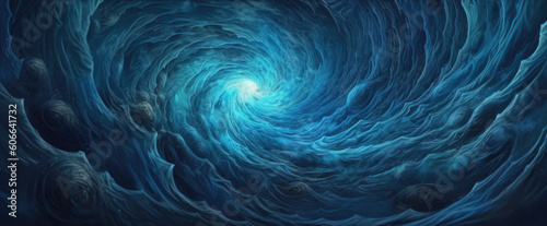 Surreal whirlpool of icy cold blue ocean tsunami swirl of destructive crashing waves swirl, turbulent and dangerous gale force winds storm on a unexplored alien water planet - generative AI 