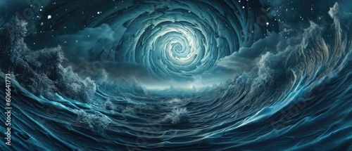 Fotografia, Obraz Surreal whirlpool of icy cold blue ocean tsunami swirl of destructive crashing w