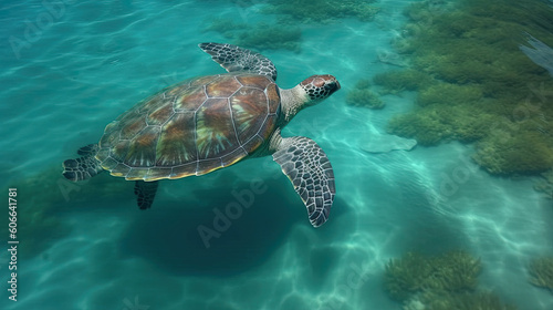 a sea turtle swimming in the clear blue water with corals around it's neck and back, taken from above. Generative Ai