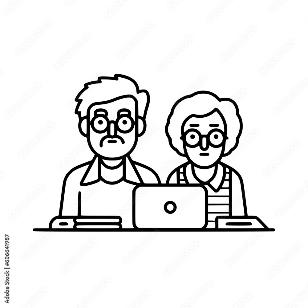 Old couple with laptop vector illustration isolated on transparent background Old couple with laptop vector illustration isolated on transparent background