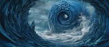 Surreal whirlpool of icy cold blue ocean tsunami swirl of destructive crashing waves swirl, turbulent and dangerous gale force winds storm on a unexplored alien water planet - generative AI 