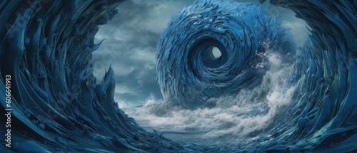 Surreal whirlpool of icy cold blue ocean tsunami swirl of destructive crashing waves swirl, turbulent and dangerous gale force winds storm on a unexplored alien water planet - generative AI  photo