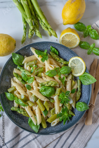 Pasta primavera with asparagus, snap peas and lemon photo