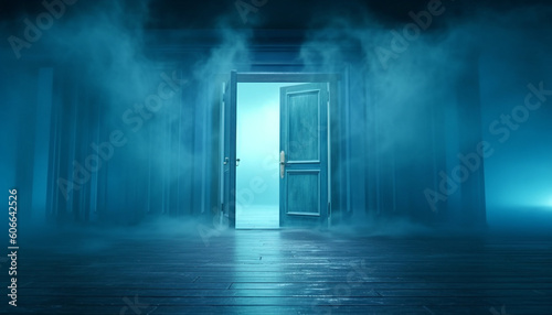 Panoramic Fog Scene with Dynamic Brushwork: Open Door, Dark Sky in Sky-Blue and Cyan.