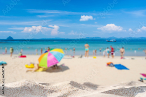 Beautiful white sand beach and Blurred crowd of people background  Summer vacation concept and copy space