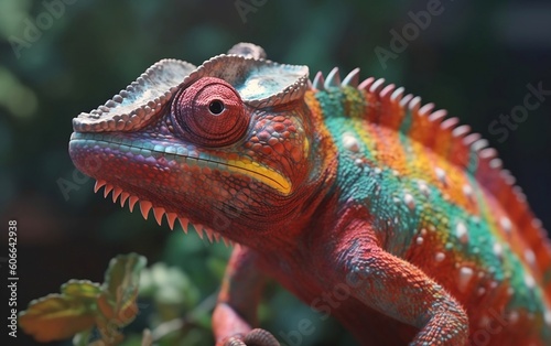 Multicolored chameleon on a green background closeup created with Generative AI technology