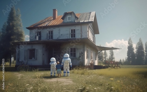 Man and boy in spacesuits lokking at abandoned farmhouse at sunny summer day created with Generative AI technology. Astronauts on the Earth planet