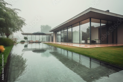 Modern villa design concept with swimming pool on the front, rainy day mood © Ployker