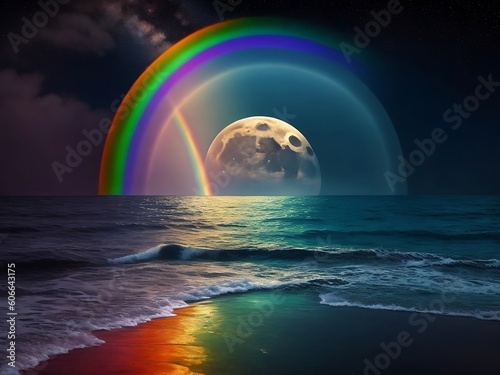 Lunar Kaleidoscope  Captivating Rainbow in the Moon s Glow Over the Sea