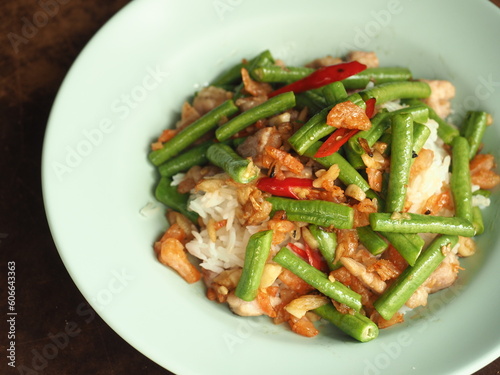 stir fried long bean with garlic, chili and dried shrimp
