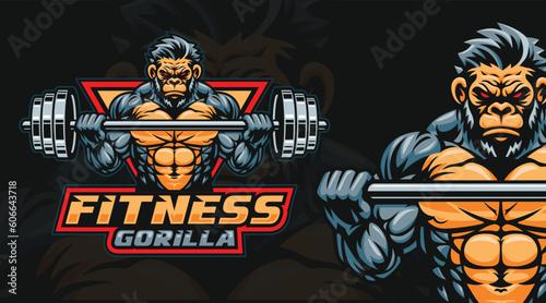 Gorilla fitness or gym logo template, gorilla lifting barbell illustration. gorilla mascot character photo