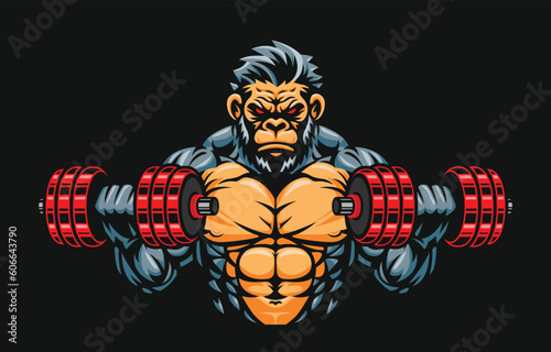 Gorilla fitness or gym dumbbells illustration, gorilla lifting dumbbells illustration. gorilla mascot character