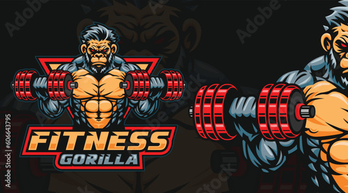 Gorilla fitness or gym logo template, gorilla lifting dumbbells illustration. gorilla mascot character