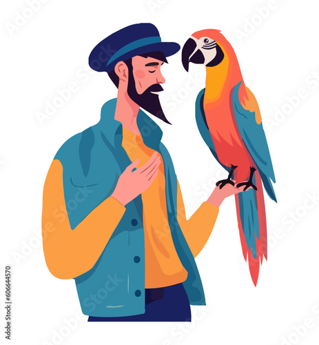 man with a macaw in his hand