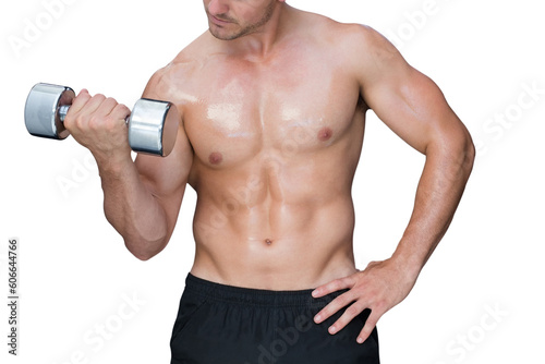 Digital png photo of fit caucasian man lifting weights on transparent background