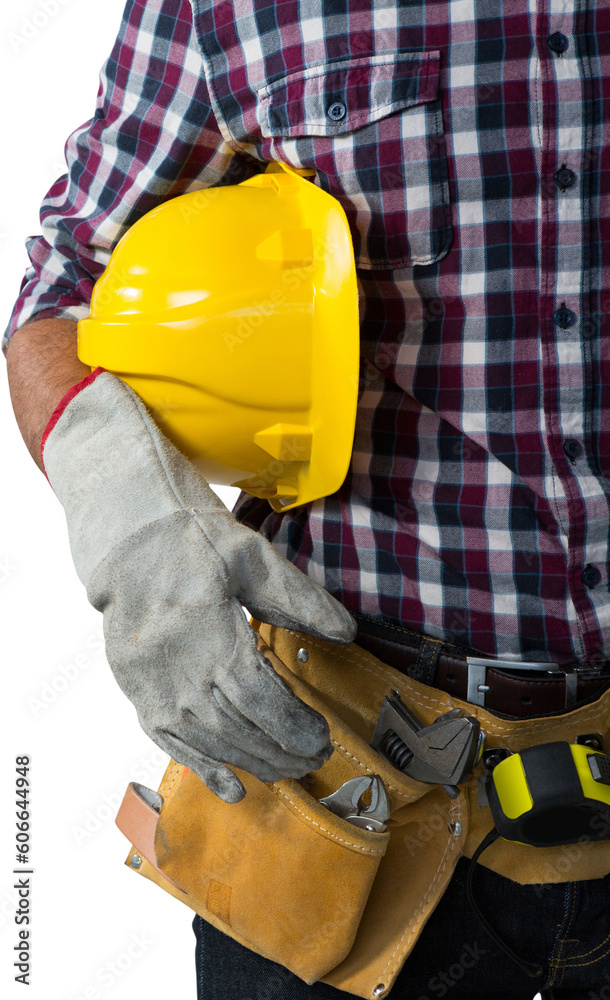 Digital png photo of mid section of caucasian builder with yellow helmet on transparent background Digital png photo of mid section of caucasian builder with yellow helmet on transparent background
