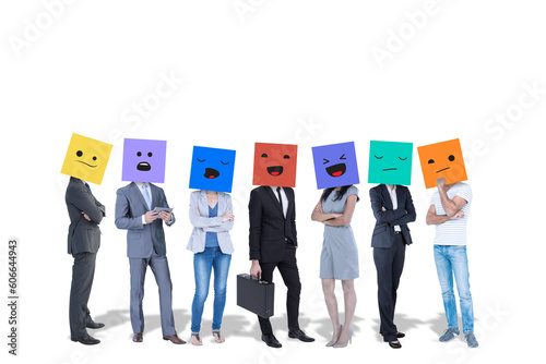 Digital png photo of businesspeople with coloured cubes on heads on transparent background