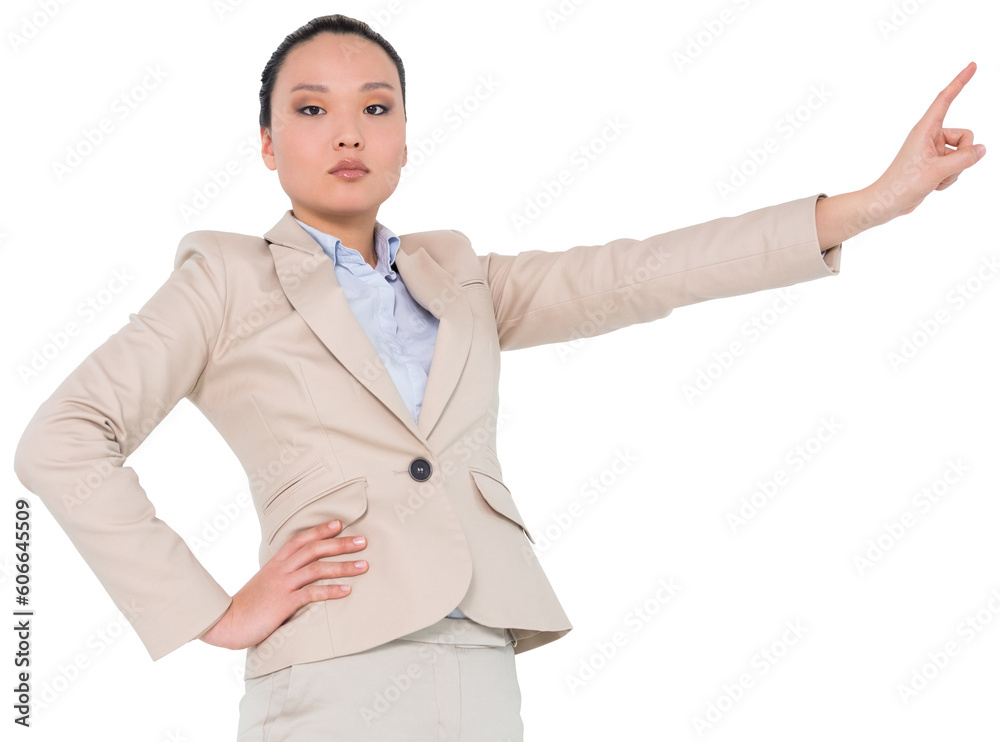 Digital png photo of focused asian businesswoman pointing finger on transparent background Digital png photo of focused asian businesswoman pointing finger on transparent background