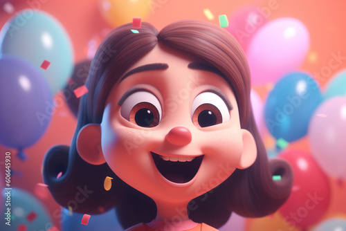 Funny happy caucasian girl on holiday, cute smiling child on background of balloons, birthday. Volumetric illustration of Generative AI