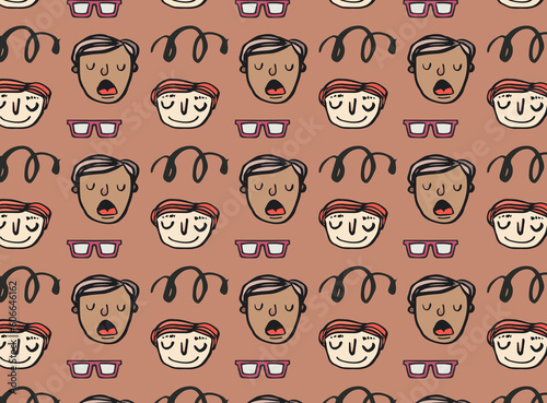 Digital png illustration of people and glasses repeated on transparent background