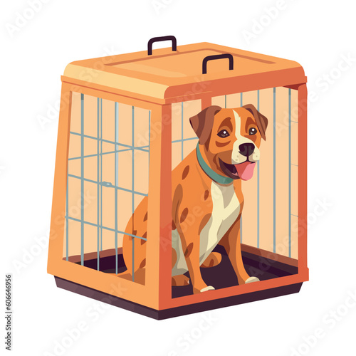 Cute puppy in metal crate, looking trapped