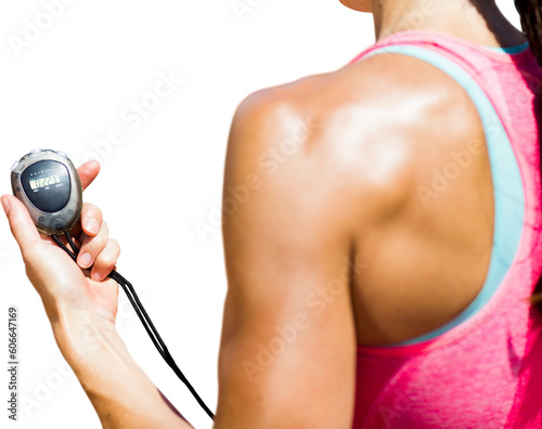 Digital png photo of fit caucasian woman with stop watch on transparent background