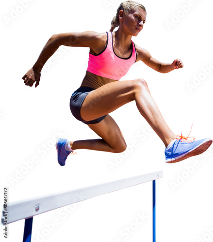 Digital png photo of fit caucasian woman hurdle jumping on transparent background photo