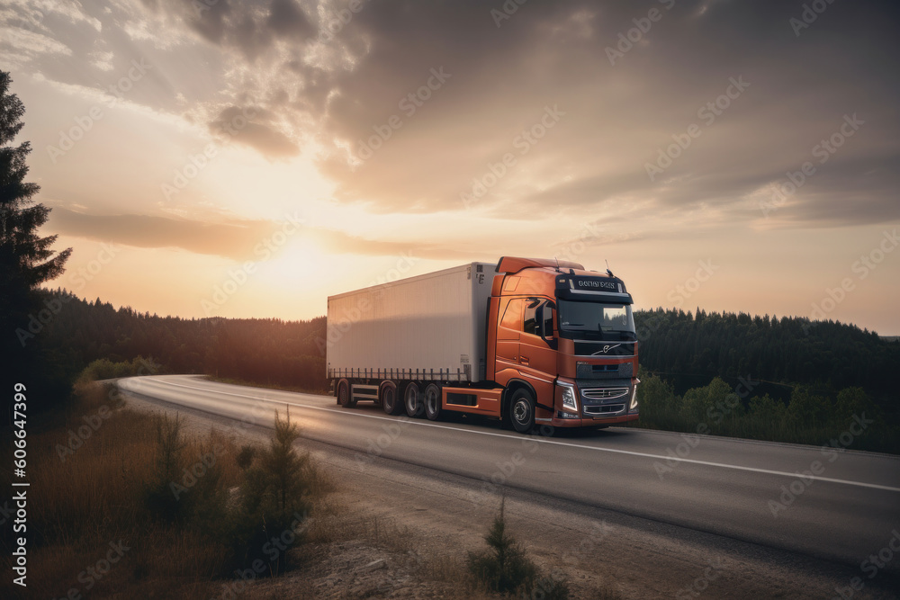 A semi truck carrying a container of cargo driving down a long stretch of highway at sunset efficient and reliable transportation. AI Generative.