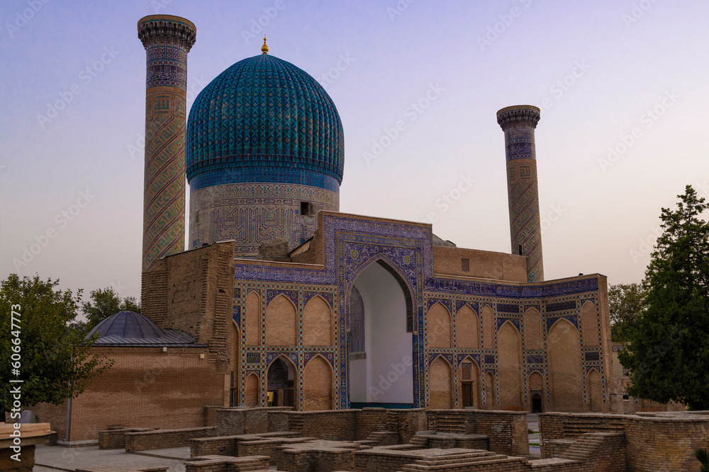 Ancient Gur-Emir Mausoleum (Mausoleum of Tamerlane) in early September morning. Samarkand