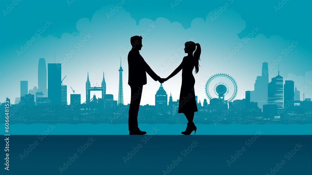Silhouette of a couple meeting up after work, or perhaps a long distance couple travel to meet each other Silhouette of a couple meeting up after work, or perhaps a long distance couple travel to meet each other