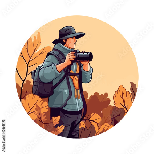 One person hiking with backpack and camera