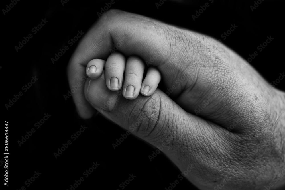 Close-up of a small hand of a child and the hand of mother and father. A newborn baby after birth holds tightly, squeezes the thumb of its parents. Black and white photography on a black background. Close-up of a small hand of a child and the hand of mother and father. A newborn baby after birth holds tightly, squeezes the thumb of its parents. Black and white photography on a black background.