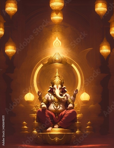 Ganesh_sat_on_the_lotus_throne_with_a_round_belly