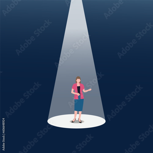 Businesswoman standing under the light to explain or presentation design vector illustration