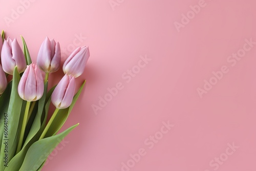 Photo pretty tulips on pastel background with copy space at the bottom © JetHuynh