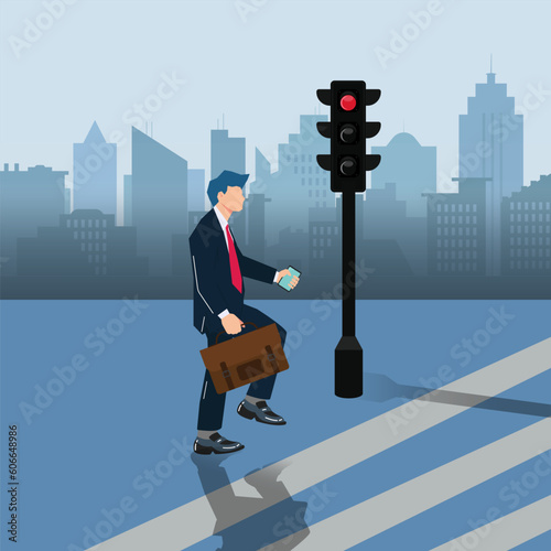 Businessman walking at the city way when traffic light for vehicles is red design vector illustration