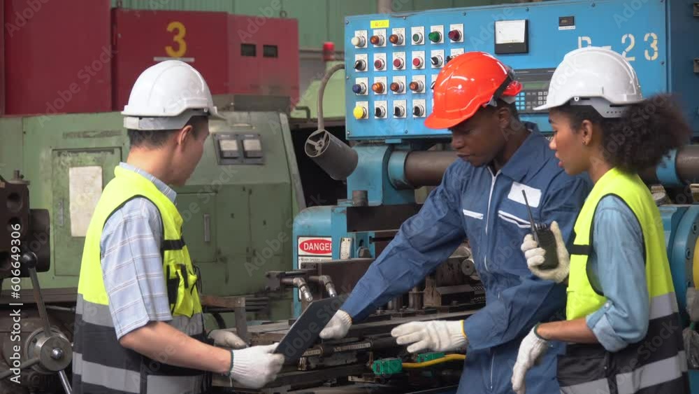 group of diversity Factory asian worker with Industrial Engineers inspector african american manager woman checking repair mechanical in Manufacturing Facility. teamwork meeting maintain on workplace group of diversity Factory asian worker with Industrial Engineers inspector african american manager woman checking repair mechanical in Manufacturing Facility. teamwork meeting maintain on workplace