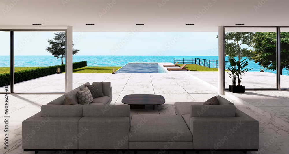 Fototapeta premium Beach house, Hotel Resort in only sofas and coffee tables looking out the window, swimming pool close to the sea and sky, perfect for relaxing. luxury interior 3d rendering with sea view.