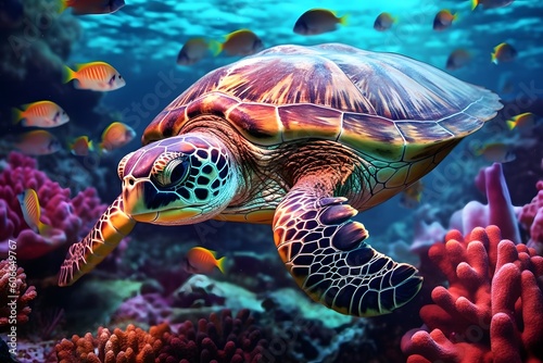 Turtle on the coral reef  underwater animals of the marine world  Generative AI