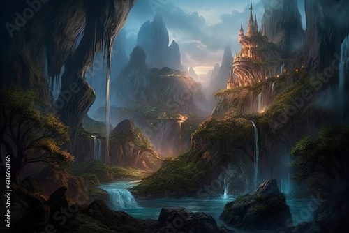 A huge castle on a mountain in a fantasy landscape, generative ai © MstAsma
