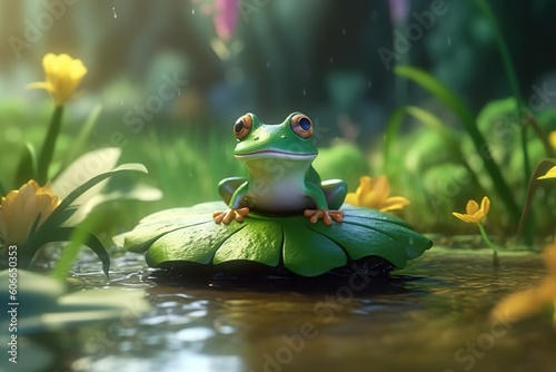3D effect of cute frog squatting on the lotus leaf and croaking animation style