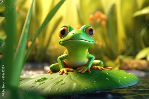 3D effect of cute frog squatting on the lotus leaf and croaking animation style © JetHuynh