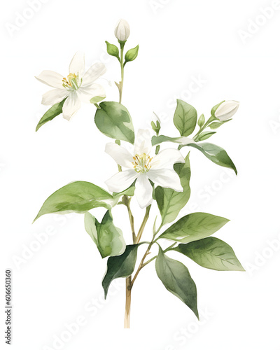 Watercolor Jasmine flower with leaves isolated on white