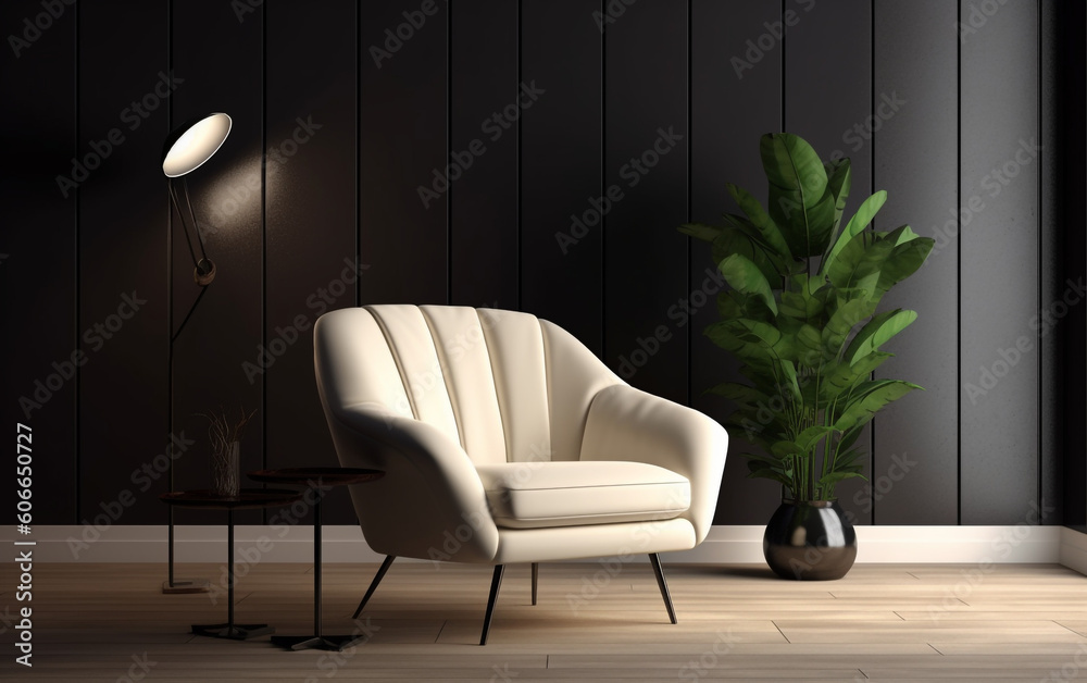 Ivory armchair in a modern living room with dark wall backdrop, Generative AI	