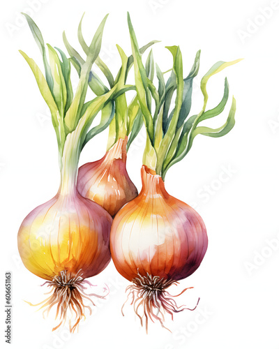 Watercolor Onion with leaves isolated on white background
