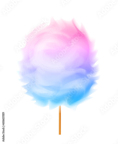 Cotton candy. Realistic pink blue cotton candy on wooden stick. Summer tasty, sweet  fast food. Snack for children in parks. 3d vector realistic illustration isolated on white background.