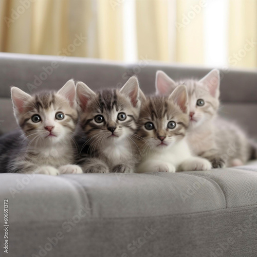 Generative A.I. adorable kittens sitting and lying on a comfortable couch. cat, group